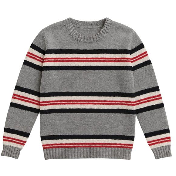 Girls Gray Striped Crewneck Knit Pullover Sweater - Picture 7 of 7